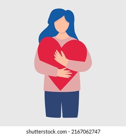 A woman is holding heart in hands vector illustration. Spread love, kindness, friendship, charity, volunteer flat character.