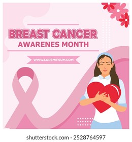 A woman holding a heart symbol. Celebrating breast cancer awareness month. Breast cancer awareness concept. Flat vector illustration.