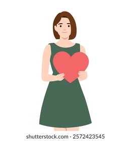 Woman Holding a Heart Symbol of Love and Compassion. Flat vector illustration isolated on white background