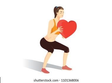 Woman holding a heart while try doing squat exercises. Illustration about strong with cardio workout.