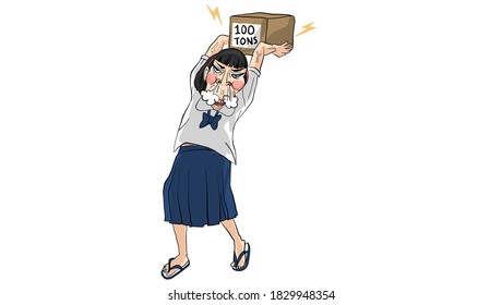 woman holding heavy box over her head character drawing, vector