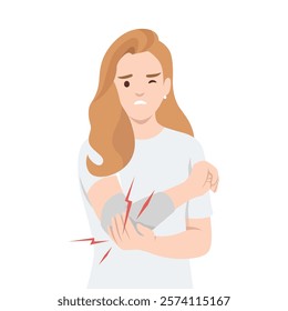 Woman holding her arm in visible pain, with red lines indicating an injury. Flat vector illustration isolated on white background