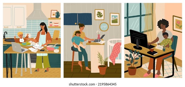 Woman holding her baby and working on computer at home. Working mom concept vector posters set. Busy mother with child at office workplace. Maternity and career