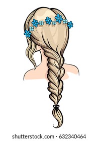 Woman Holding Her Braid set of hairstyles. Bridal hairdo. Hand drawn