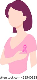 Woman holding her breast. Breast cancer awareness month concept. Cartoon character design. Vector ilustration.