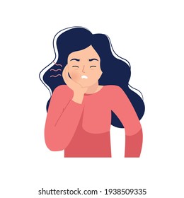 Woman Holding Her Cheek Because Of Toothache. Flat Vector Cartoon Design.