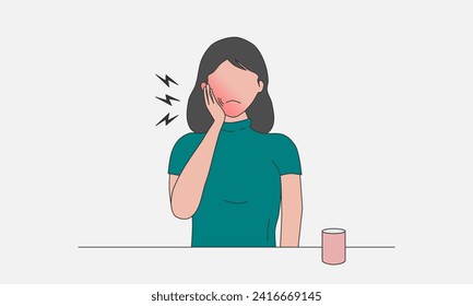 Woman holding her cheek because of toothache. Vector illustration.