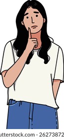 Mulher segurando suas bochechas enquanto pensa com uma expressão pensativa