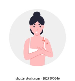 Woman holding her chest, girl with strong chest pain, close up. Flat vector cartoon modern illustration.