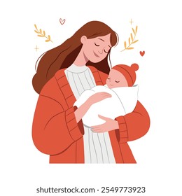 Woman holding her cute baby in arms. Pregnancy and breastfeeding concept. Mom and child in warm clothes. Mother's day, vector illustration with flower botanical leaf ornament in cartoon style.