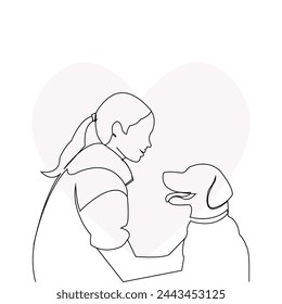 Mujer sosteniendo a su perro contorno continuo vector. Concepto de amante de mascotas.