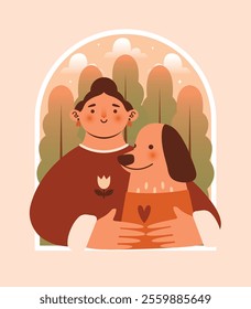 Woman holding her dog in sweater with forest on background. Cute minimal isolated clip art for card, banner, brochure, flyer in window frame with cute pet. Adopt a dog. National Dog Day. Flat Design.