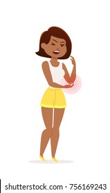 Woman holding her elbow. Elbow pain / ache.