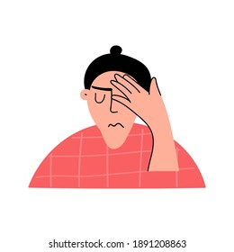 Woman holding her forehead feel headache.  Vector illustration on white background.