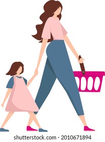 A Woman Holding Her Hand With A Child And A Grocery Basket, Go To The Store For Shopping. Family Shopping. Illustration Of Characters On A White Background