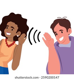 woman holding her hand to her ear to listen to a man saying something, vector illustration.