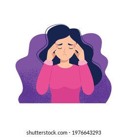 Woman holding her head because of sickness or stress. Migraine. Flat vector design