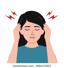 Woman is holding her head with confusing and anxiety expression. Stressed female concept vector illustration on white background. Headache.