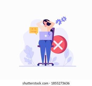 Woman holding her head near a broken computer. Concept of repairmen, repair computer, laptop, fix app, broken equipment, quick repair. Vector illustration in flat design