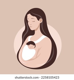 Frauen, die ihr Kleinkind in den Armen halten. Logo Symbol für Mutterschaft und Liebe. Karte für den glücklichen Muttertag. Mama und Neugeborenes. Berührendes Porträt. 