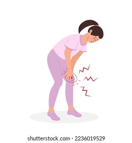 Woman holding her knee, suffering of knee pain. Joint pain, injury, sprain, sport trauma, damage while running. Vector illustration isolated on white background.