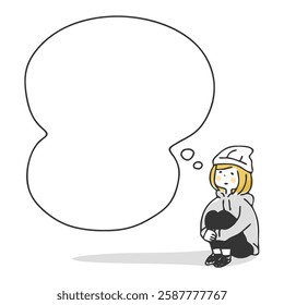 A woman holding her knees and a speech bubble.