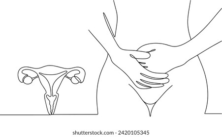 La mujer sostiene su abdomen inferior. Dolor femenino severo. Problemas con el sistema reproductivo femenino. Ilustración vectorial. Imágenes producidas sin el uso de ningún tipo de software de IA en cualquier etapa. 