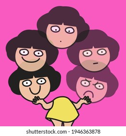 Woman Holding Her Multiple Heads With Mood Changes. Emotional Mood Swings. Mood Disorders Concept Card Character illustration