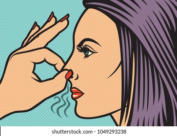 Woman Holding Her Nose Because Of A Bad Smell (illustration In Pop Art Style)