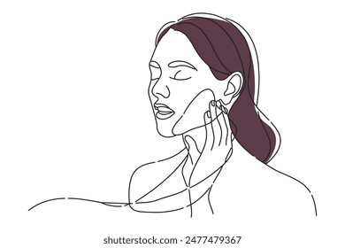 woman holding her painful jaw, doodle continuous line art vector illustration