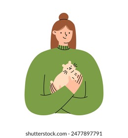 Woman holding her pet hamster. Happy domestic animal owner. Flat vector illustrations.