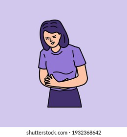 a woman holding her stomach in pain. experiencing stomach pain, hunger, ulcers, colds. the expression of an unhealthy or uncomfortable person. outline or line style. minimalistic vector illustration