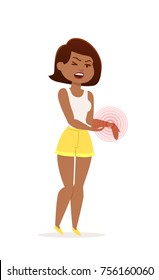Woman holding her wrist. Wrist pain / ache.