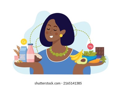 Woman holding high magnesium and calcium products in hands flat composition vector illustration