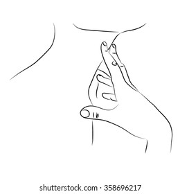 Woman holding his hand neck. Face of girl or woman. Drawn by hand scribble black and white cartoon vector. Woman body.