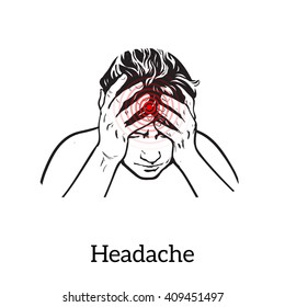 Woman holding his head with his hands. Sketch realistic illustrations of headache in women, vector