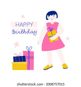 A woman holding a holiday box in her hands. Lettering "Happy Birthday". A person with a gift.  Simple vector flat illustration with a girl going to a birthday party