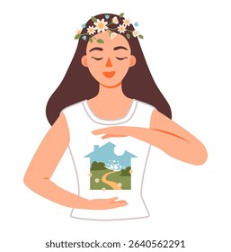 Woman holding a home with sky and nature inside. Mental health and inner peace. Flat vector illustration.