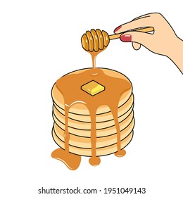 Woman holding honey dipper and pouring syrup on pancake. Butter on pancake. Breakfast concept.