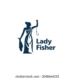 Woman holding hook and fish vector illustration. Woman Lady fisher logo icon sign symbol design concept. Isolated object on white background