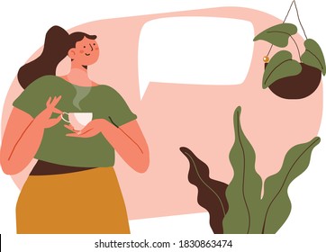 Woman holding hot drink flat vector illustration. Relaxing at home flat vector illustration.