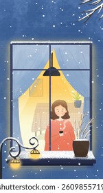 A woman holding a hot drink and looking at the snow by the window