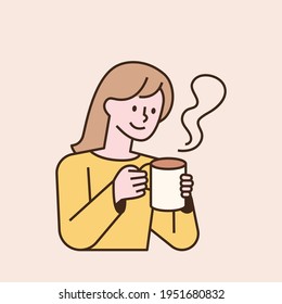 A woman is holding a hot steaming mug. flat design style minimal vector illustration.