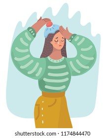 Woman holding hot-water bottle on her head. She treat her head in pain or migraine. Vector cartoon illustration of headache in modern concept