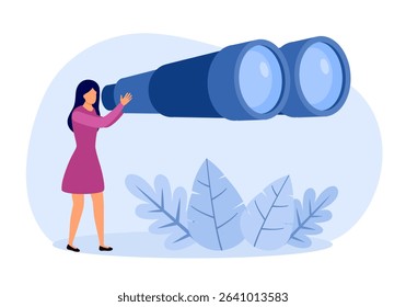 Woman holding huge binoculars and looking far ahead. Observation, discovery, future concept
