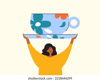 Woman holding huge blue floral ceramic cup hot drink. Female raised above self big mug. Tea time, morning beverage, coffee break. Drinking cup and saucer in girl hands. Tea party vector illustration