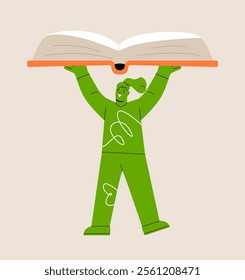 Woman holding huge book in hands. Education and learning concept. Colorful vector illustration
