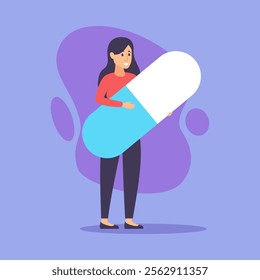 Woman holding huge capsule of painkiller vector illustration. Female cartoon character taking pill. Medicine, illness and healthcare concept