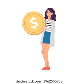 A woman is holding a huge gold coin with a dollar sign. The concept of saving and economy money. Flat cartoon vector illustration isolated on a white background