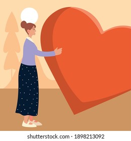 woman holding huge heart love romantic design vector illustration